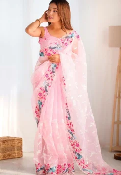 Embroidered Organza Scalloped Saree in Pink
