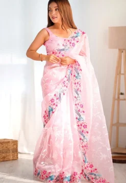 Embroidered Organza Scalloped Saree in Pink