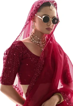Embroidered Organza Scalloped Saree in Maroon
