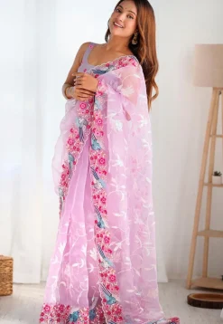 Embroidered Organza Scalloped Saree in Purple