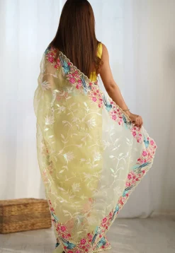 Embroidered Organza Scalloped Saree in Yellow