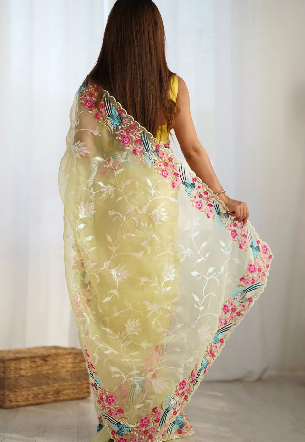 Embroidered Organza Scalloped Saree in Yellow