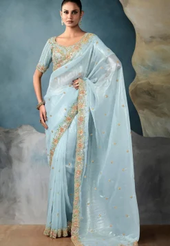 Embroidered Organza Scalloped Saree in Light Blue