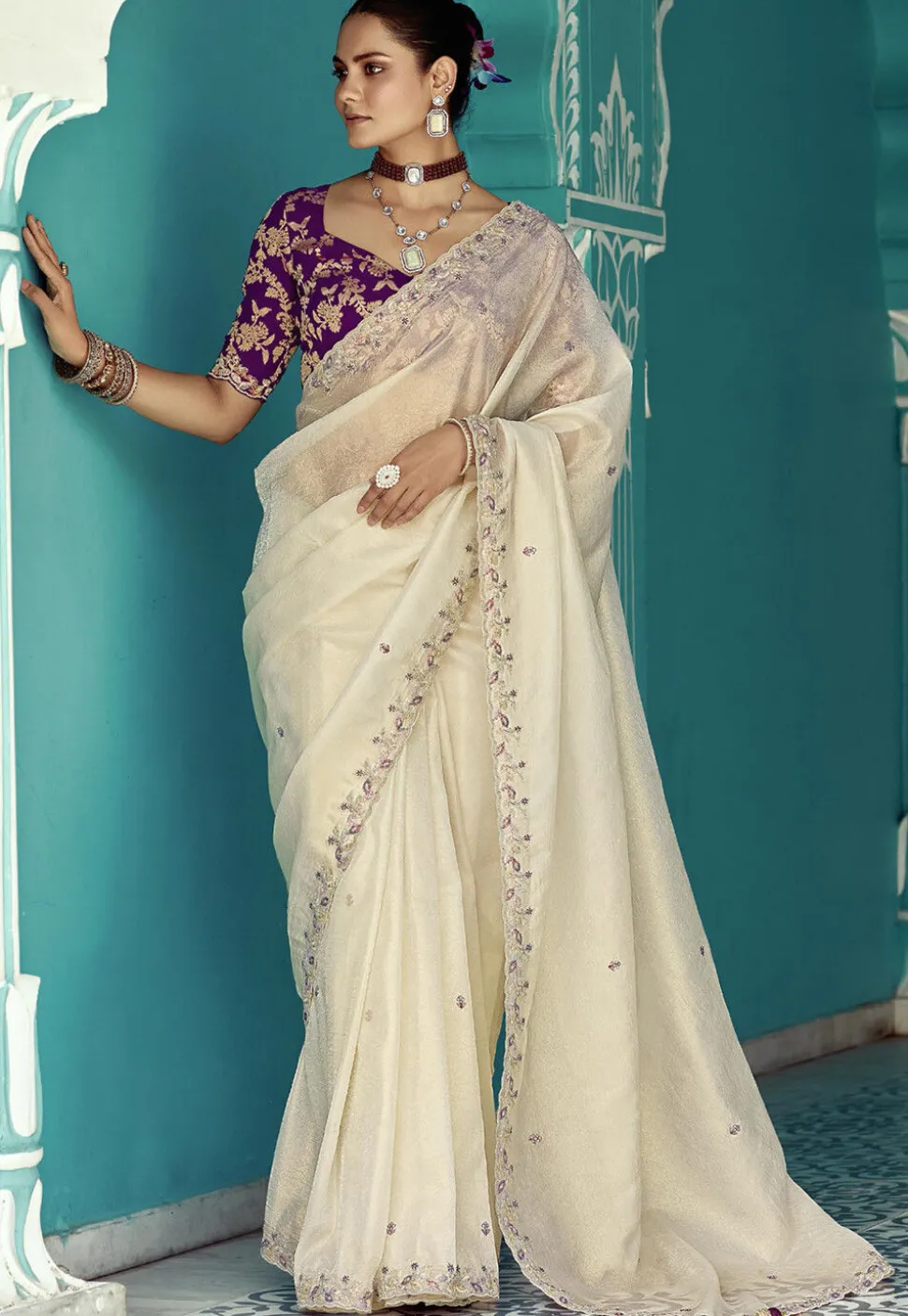 Embroidered Organza Shimmer Scalloped Saree in Off White