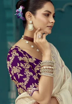 Embroidered Organza Shimmer Scalloped Saree in Off White