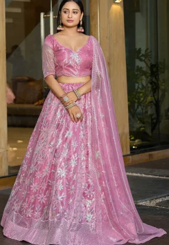 Embroidered Organza Silk Lehenga in Pink