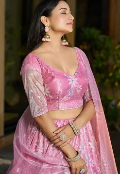 Embroidered Organza Silk Lehenga in Pink