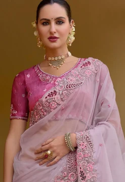 Embroidered Organza Silk Saree in Light Purple