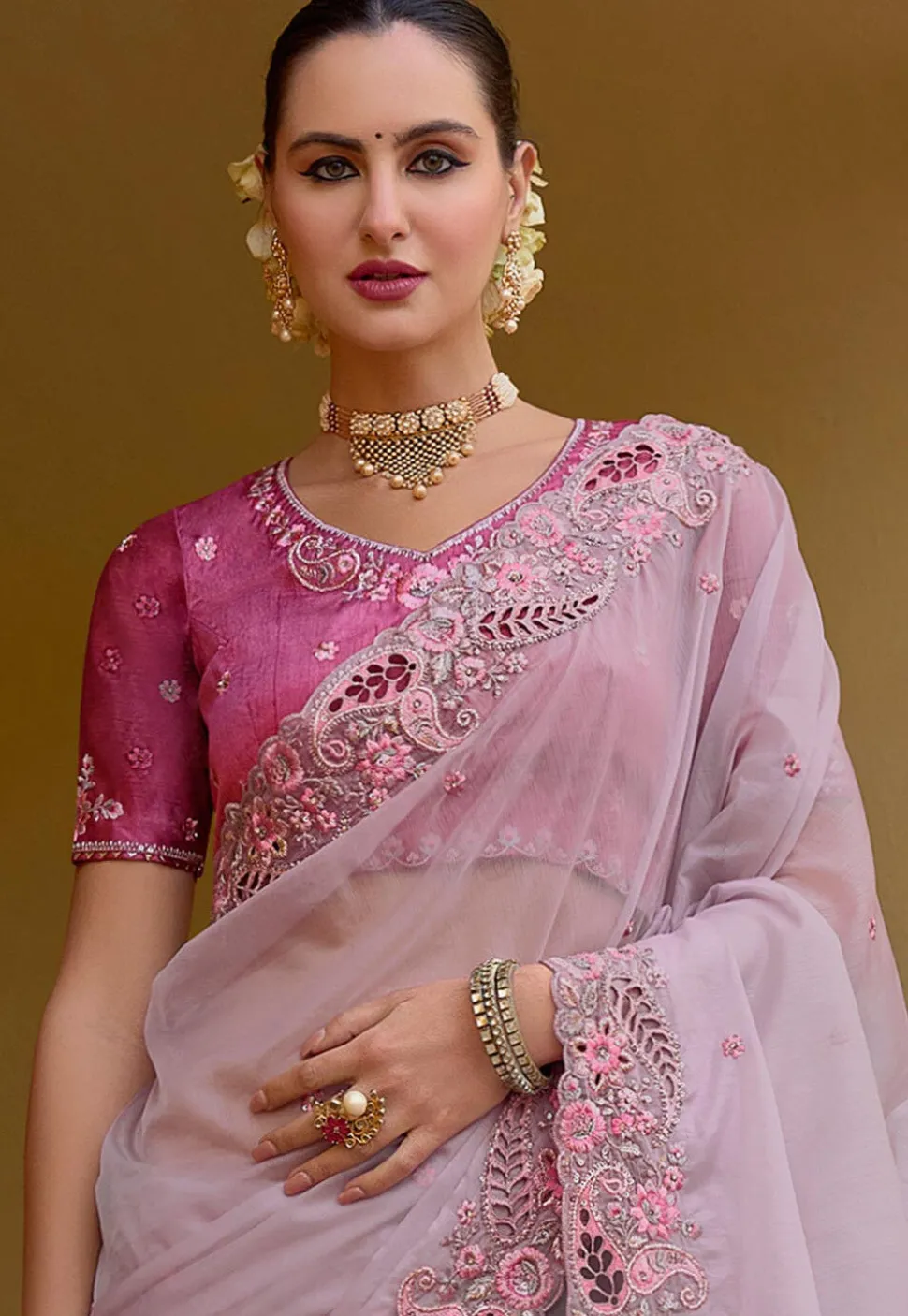 Embroidered Organza Silk Saree in Light Purple