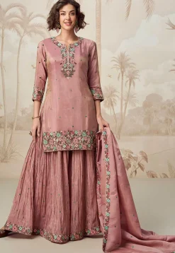 Embroidered Organza Silk Pakistani Suit in Peach
