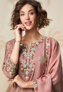 Embroidered Organza Silk Pakistani Suit in Peach