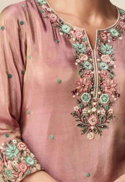 Embroidered Organza Silk Pakistani Suit in Peach