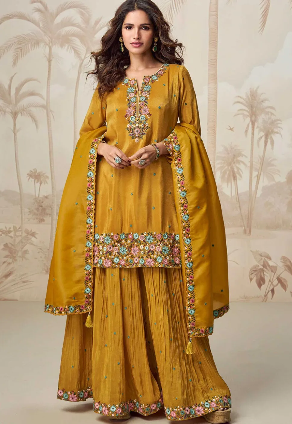 Embroidered Organza Silk Pakistani Suit in Mustard