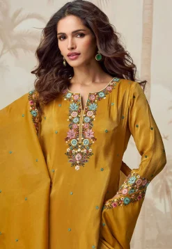 Embroidered Organza Silk Pakistani Suit in Mustard