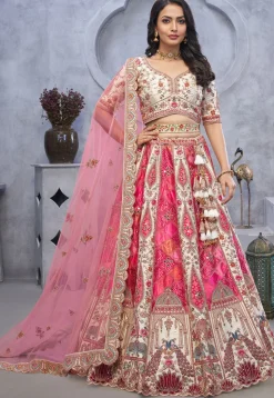 Embroidered Organza Silk Lehenga in Pink and White