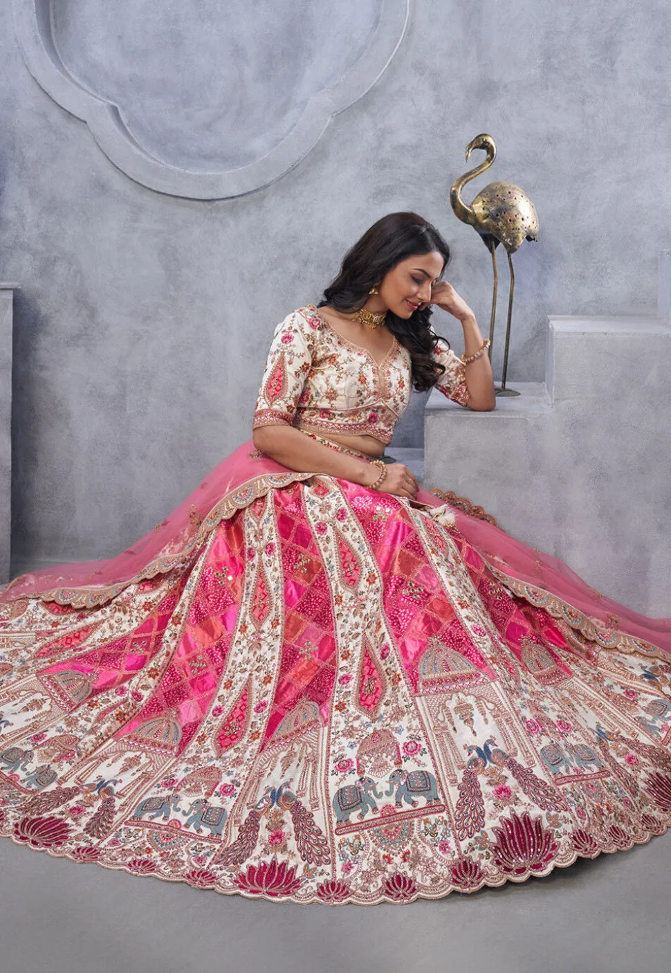 Embroidered Organza Silk Lehenga in Pink and White