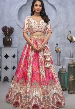 Embroidered Organza Silk Lehenga in Pink and White