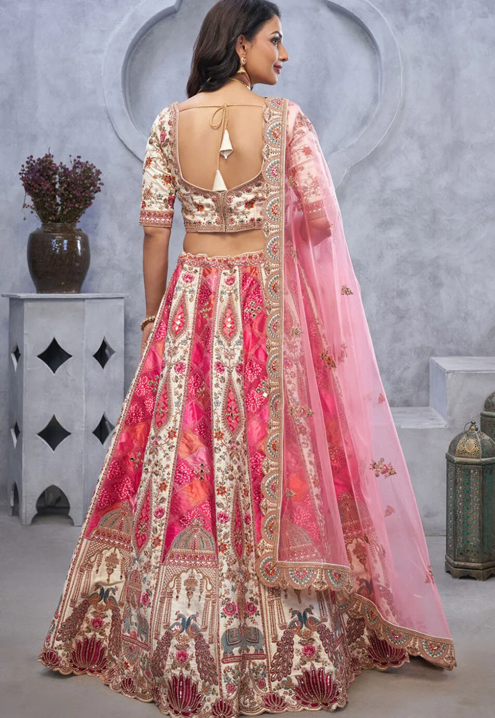 Embroidered Organza Silk Lehenga in Pink and White