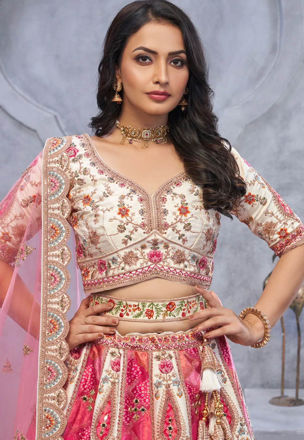 Embroidered Organza Silk Lehenga in Pink and White