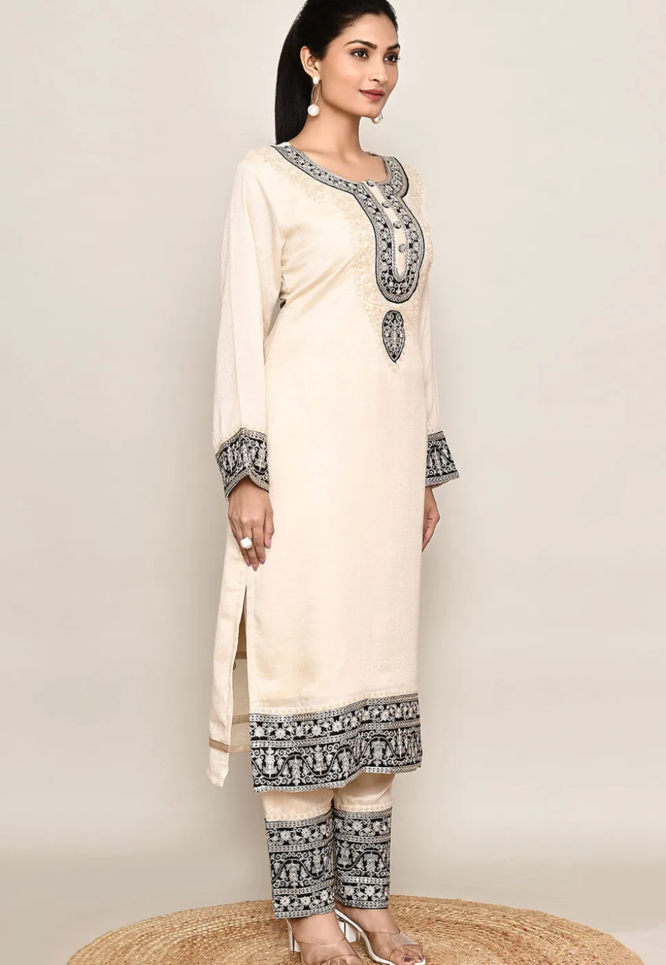 Embroidered Organza Silk Straight Kurta in Beige