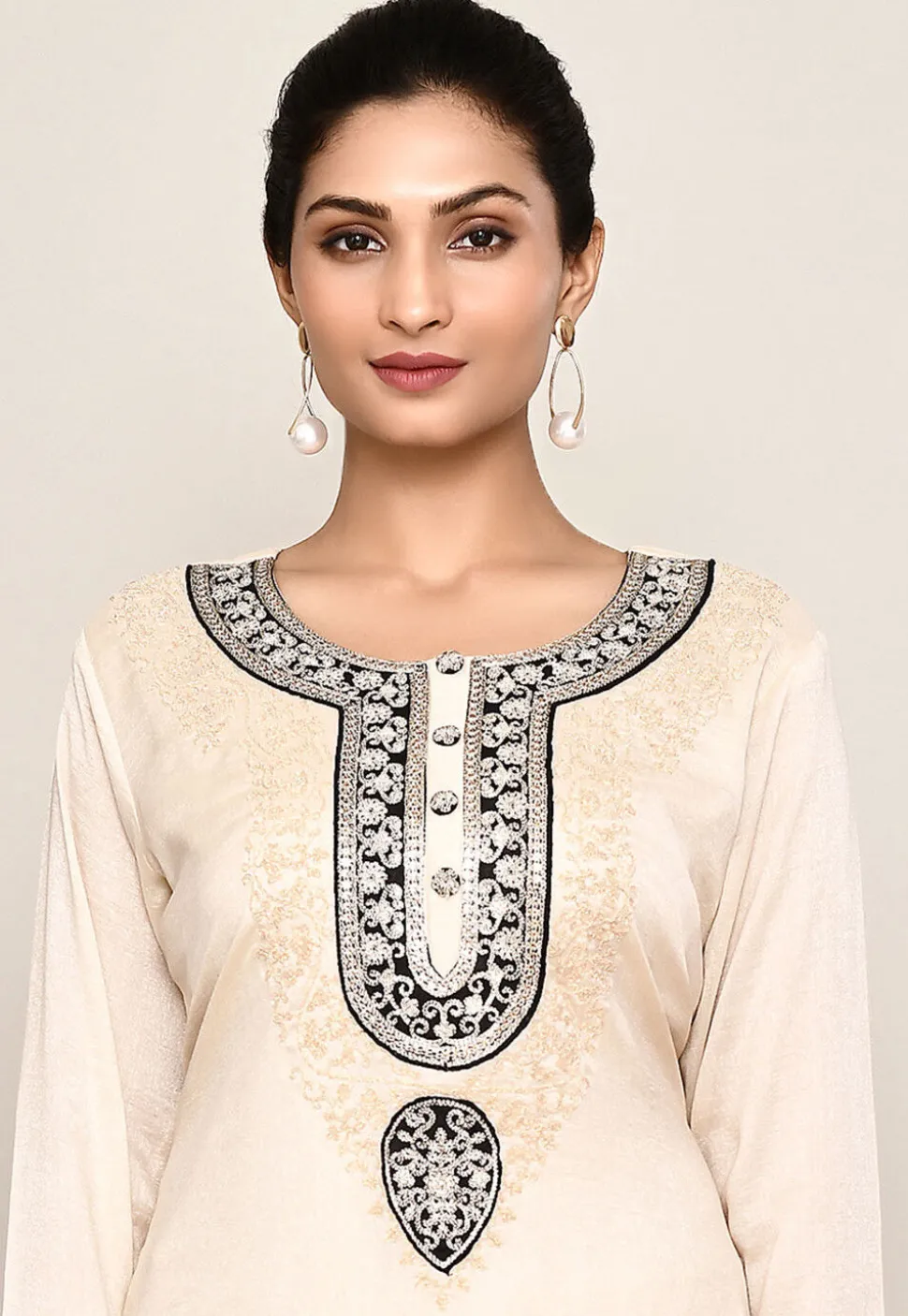 Embroidered Organza Silk Straight Kurta in Beige