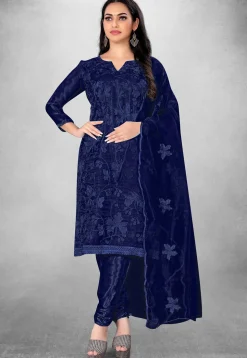 Embroidered Organza Straight Suit in Blue