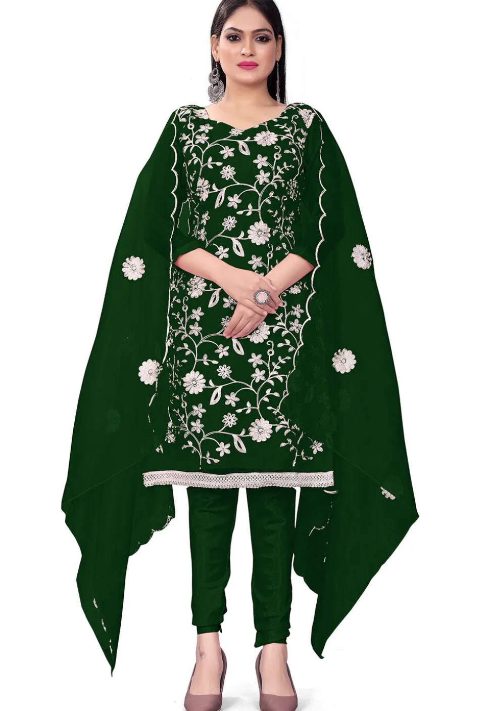 Embroidered Organza Straight Suit in Green