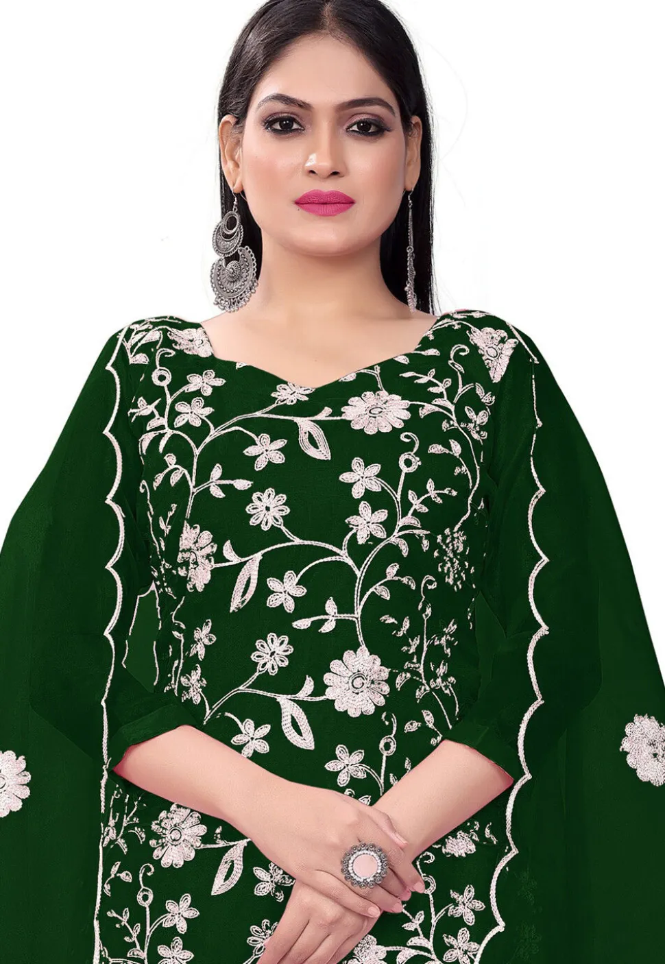 Embroidered Organza Straight Suit in Green