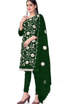 Embroidered Organza Straight Suit in Green