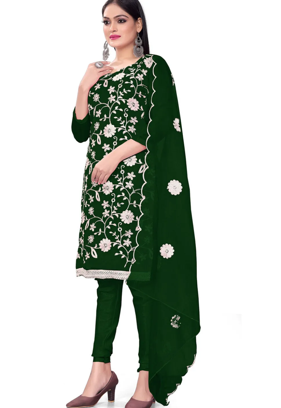 Embroidered Organza Straight Suit in Green