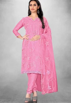 Embroidered Organza Straight Suit in Pink