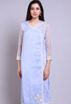 Embroidered Organza Straight Kurta in Pastel Blue