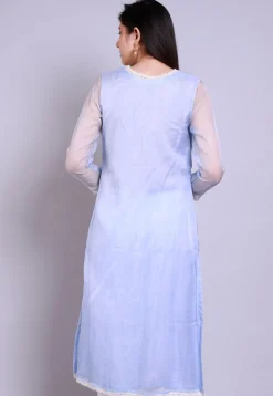 Embroidered Organza Straight Kurta in Pastel Blue