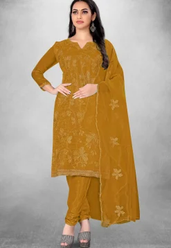 Embroidered Organza Straight Suit in Dark Mustard