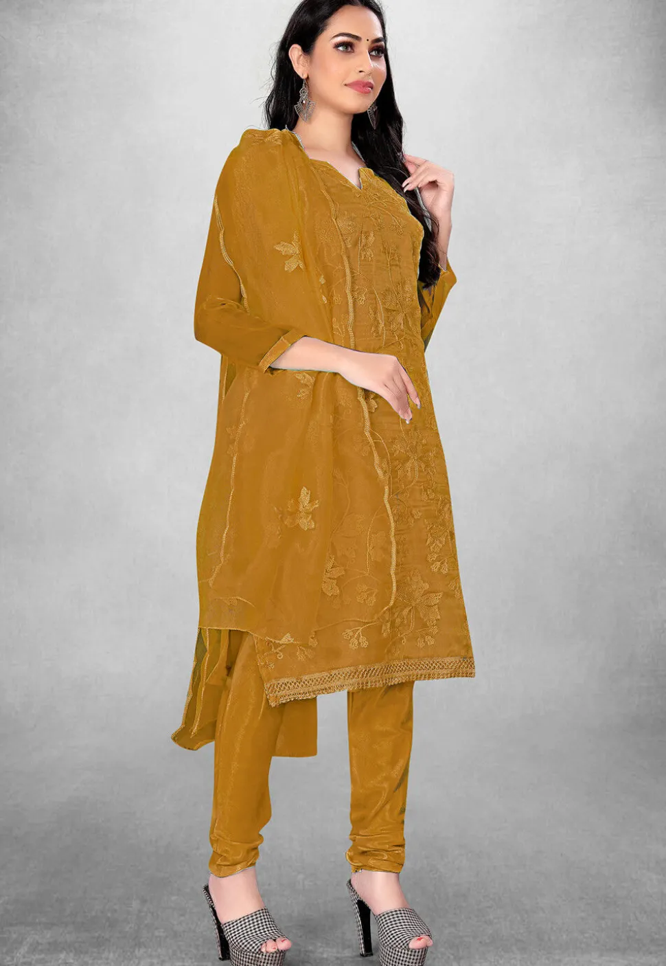 Embroidered Organza Straight Suit in Dark Mustard