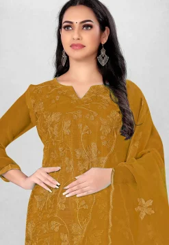Embroidered Organza Straight Suit in Dark Mustard