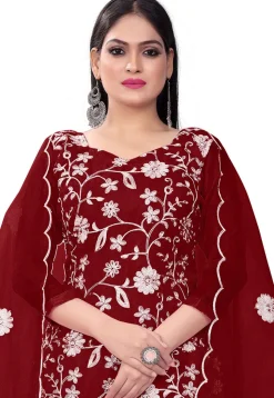 Embroidered Organza Straight Suit in Maroon