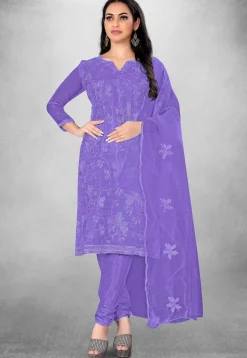 Embroidered Organza Straight Suit in Purple