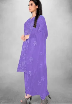 Embroidered Organza Straight Suit in Purple