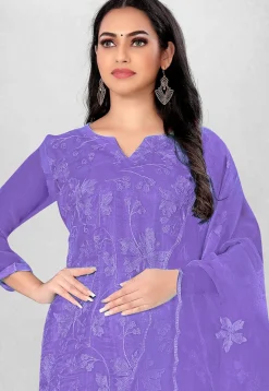 Embroidered Organza Straight Suit in Purple