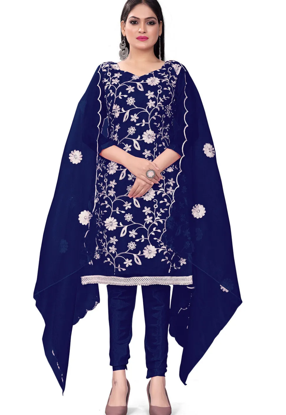 Embroidered Organza Straight Suit in Navy Blue