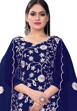 Embroidered Organza Straight Suit in Navy Blue