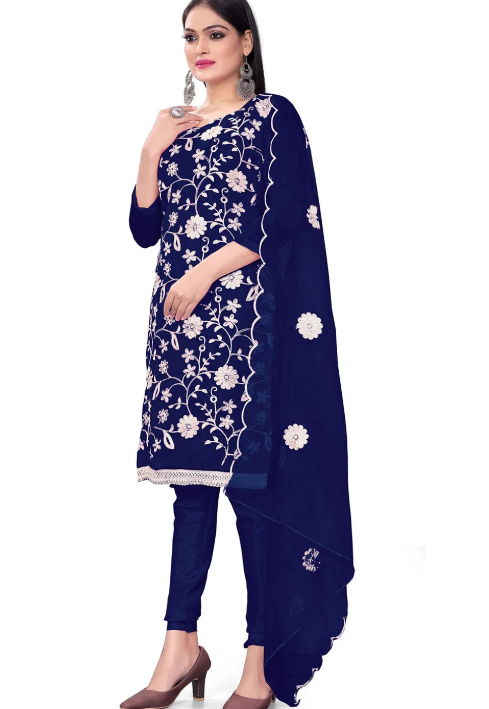 Embroidered Organza Straight Suit in Navy Blue