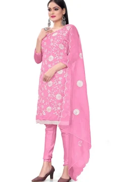 Embroidered Organza Straight Suit in Light Pink