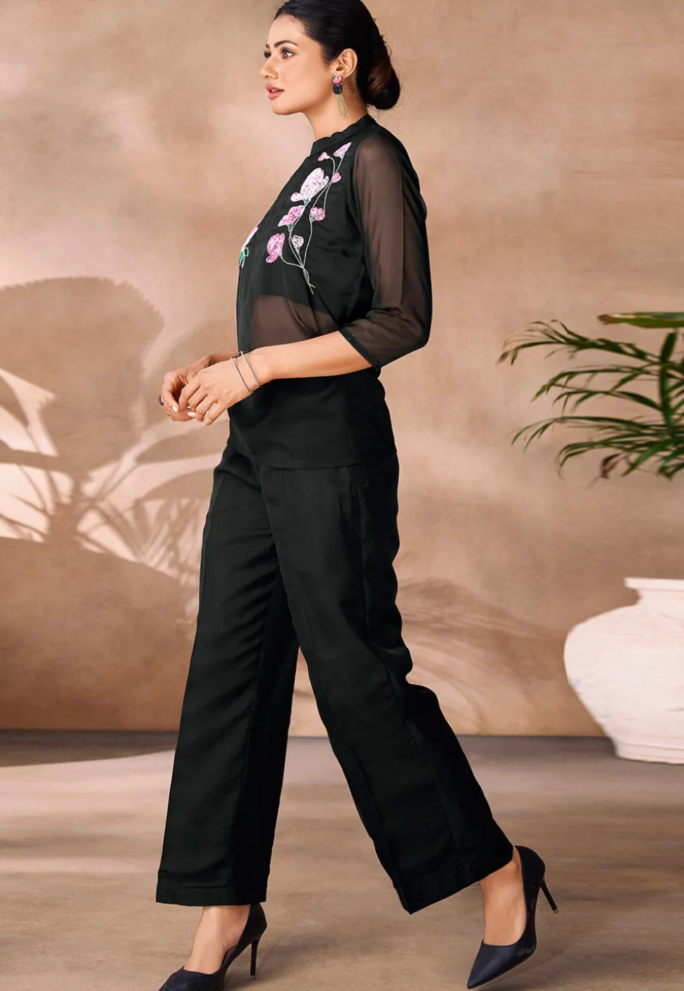 Embroidered Organza Top Set in Black