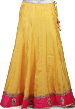 Embroidered Patch Border Dupion Silk Long Skirt in Yellow