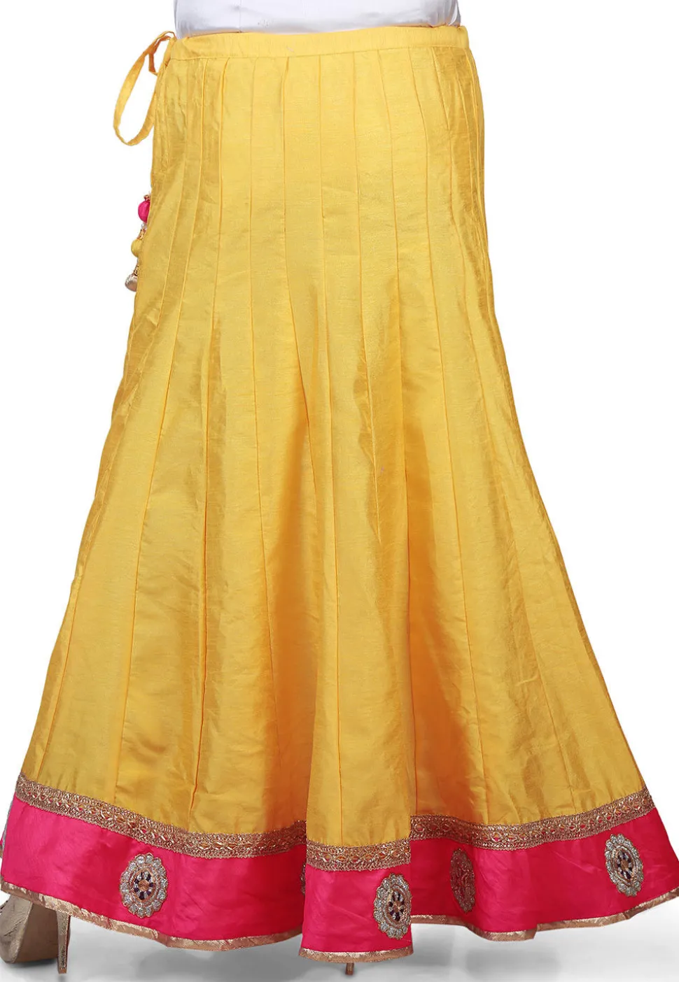 Embroidered Patch Border Dupion Silk Long Skirt in Yellow