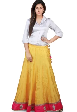 Embroidered Patch Border Dupion Silk Long Skirt in Yellow