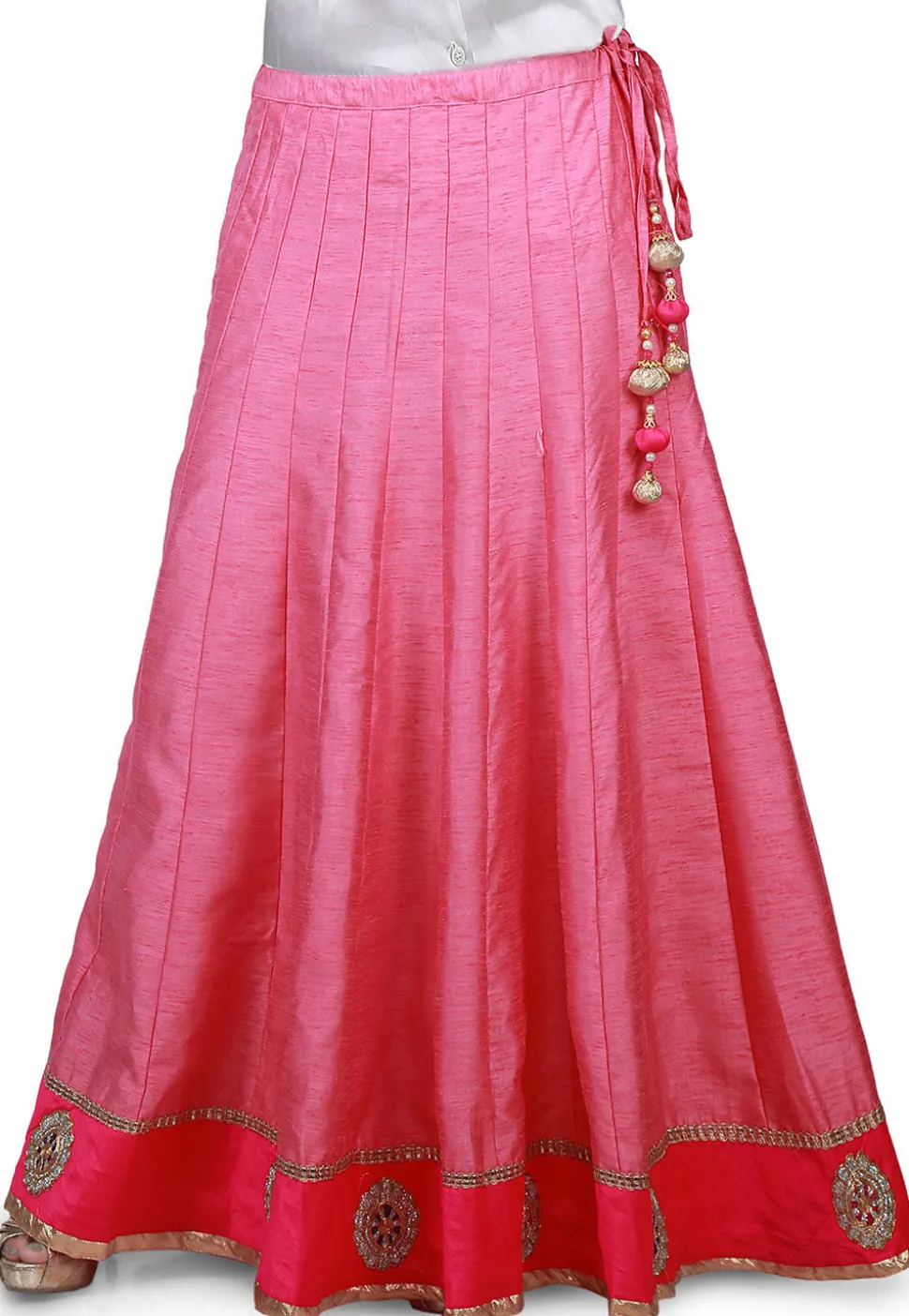 Embroidered Patch Border Bhagalpuri Silk Long Skirt in Pink