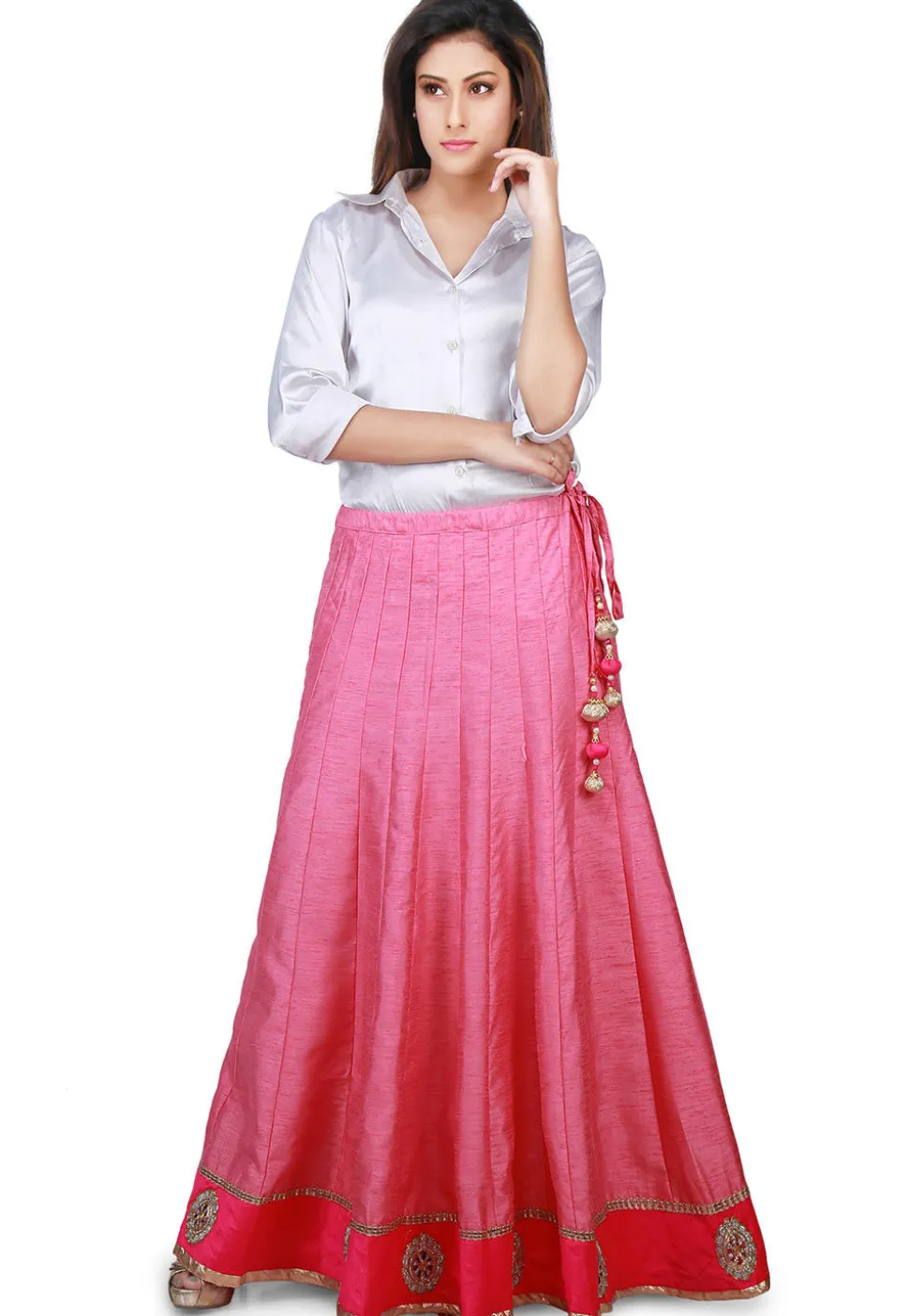 Embroidered Patch Border Bhagalpuri Silk Long Skirt in Pink